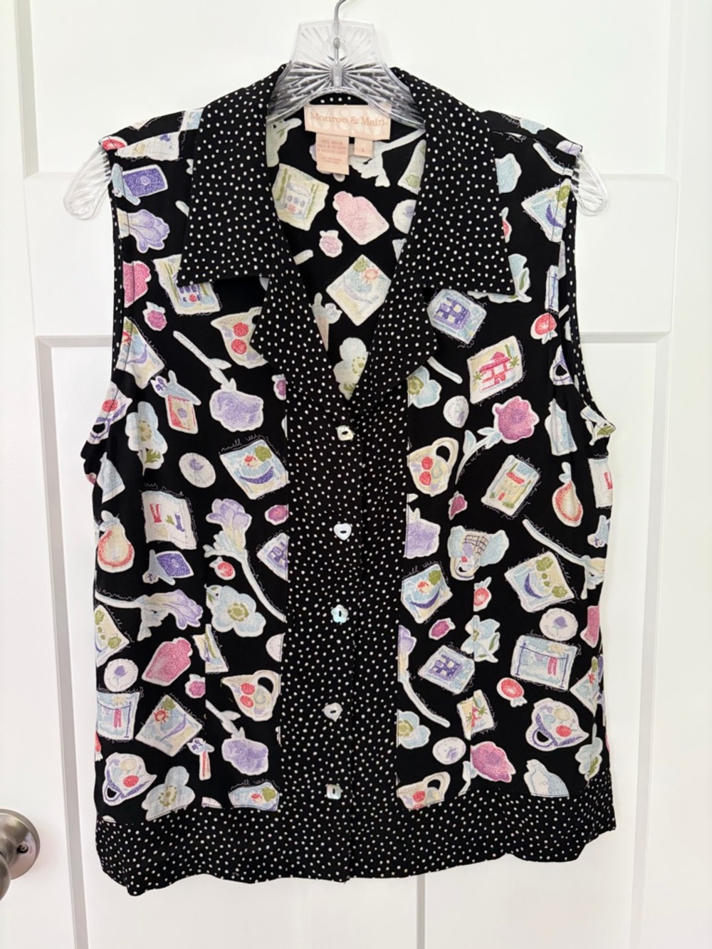 Whimsical Novelty Print Sleeveless Blouse Tea Cup Floral Cottagecore L Polka Dot